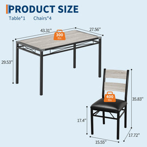 5-Piece Industrial Dining Table Set for 4 with Upholstered Chairs