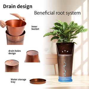 Tall Copper Metal Planters Set of 2 with Inner Pots and Trays