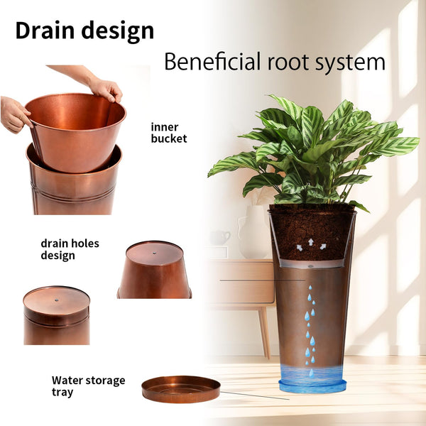Tall Copper Metal Planters Set of 2 with Inner Pots and Trays