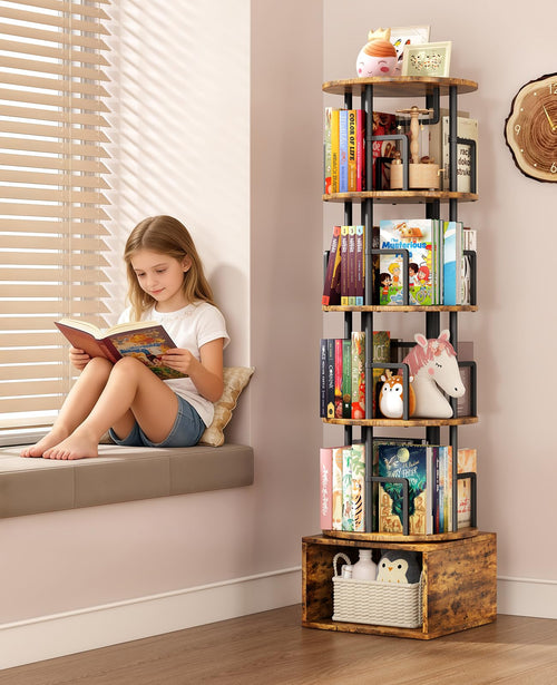 5-Tier Rotating Bookshelf with Storage Cabinet