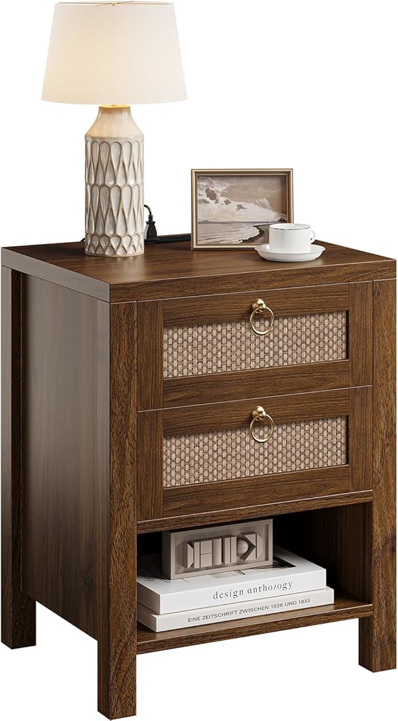 Rattan Nightstand with Charging Station and Storage Drawers