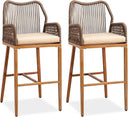 Outdoor Wicker Bar Stools Set of 2 with Cushions & Backrest