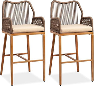 Outdoor Wicker Bar Stools Set of 2 with Cushions & Backrest