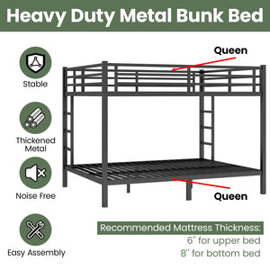 Queen Over Queen Bunk Bed – Heavy Duty Metal Frame with Guardrails & Ladders