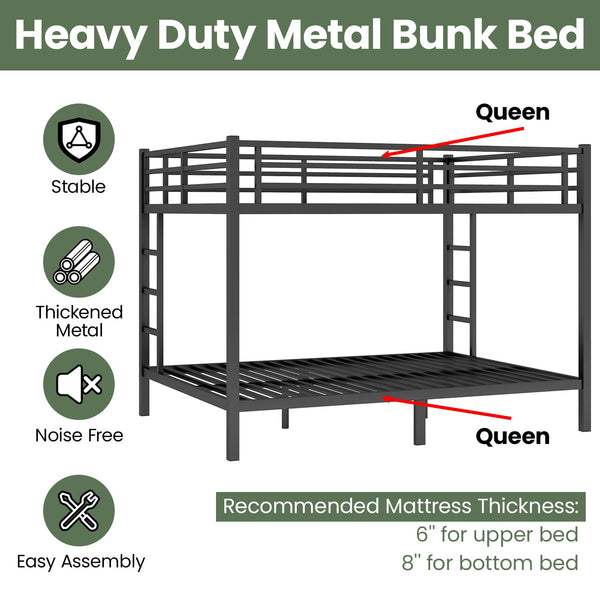Queen Over Queen Bunk Bed – Heavy Duty Metal Frame with Guardrails & Ladders