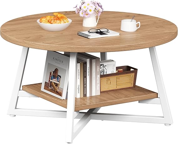 Round Coffee Table with Storage – 2-Tier Modern Wood & Metal Design