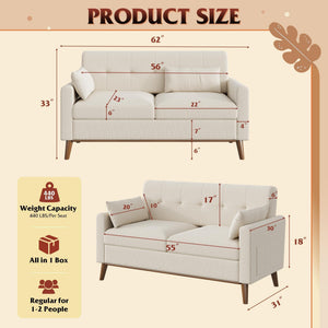 62" Button-Tufted Loveseat Sofa – Mid-Century Modern