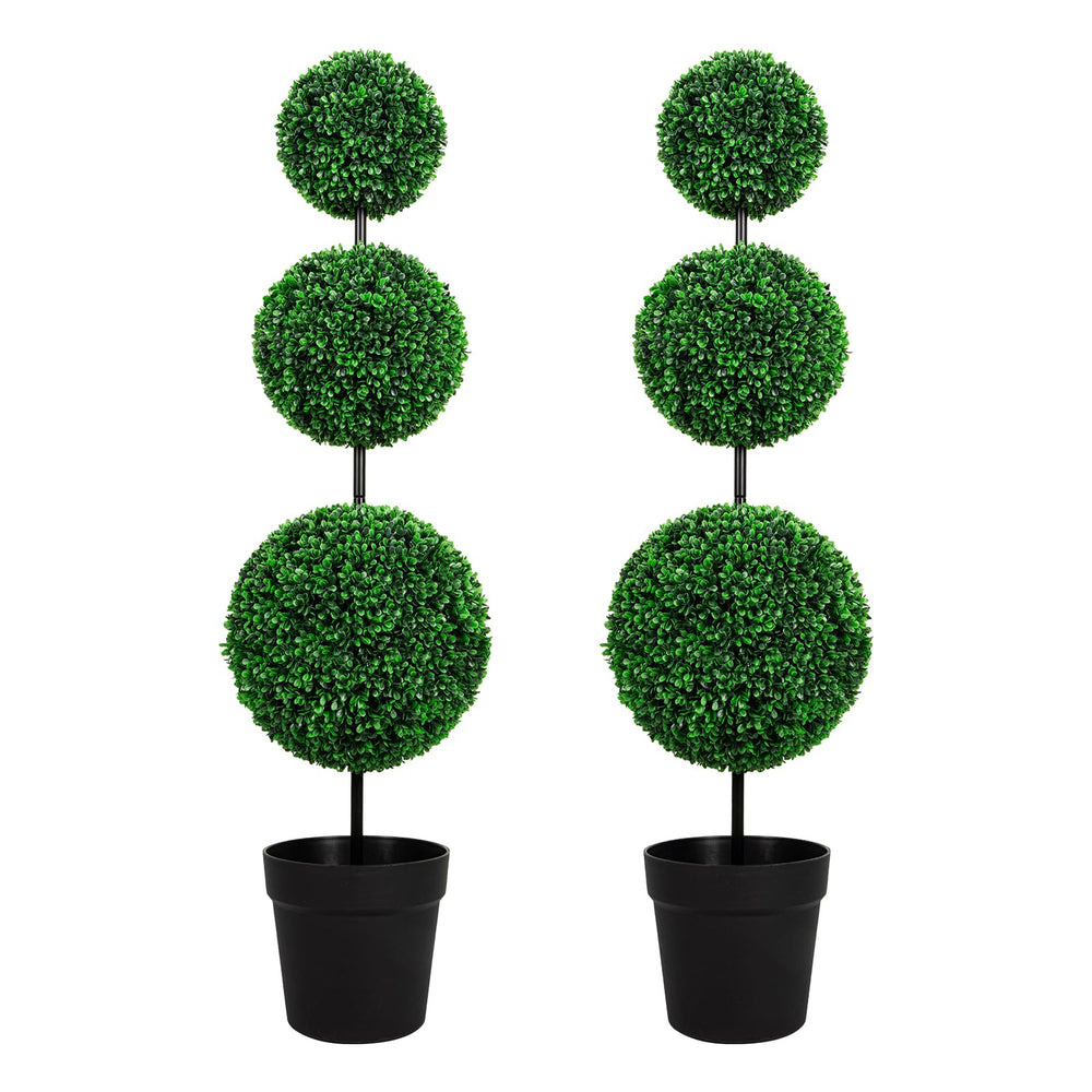 Triple Ball Topiary Tree Set of 2 with Planter – 4 ft Artificial Indoor Outdoor Plant