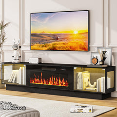 80" Electric Fireplace TV Stand with Glass Cabinets & LED Lighting