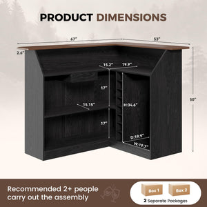 L-Shaped Home Bar Unit with LED Strip, Stemware Racks & Fridge Space – Black & Walnut