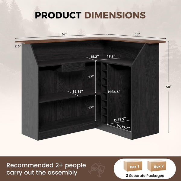 L-Shaped Home Bar Unit with LED Strip, Stemware Racks & Fridge Space – Black & Walnut