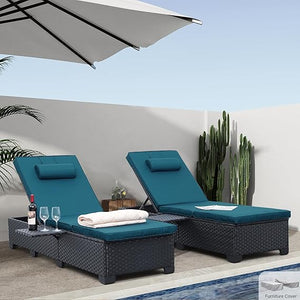 Outdoor Wicker Chaise Lounge Chairs Set of 2 with Adjustable Backrest & Cushions