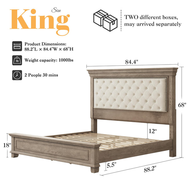 King Bed Frame with Tall Upholstered Headboard – Solid Pine Wood Platform Bed