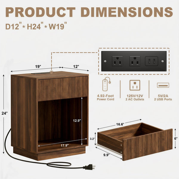Fluted Nightstand Set of 2 with Charging Station