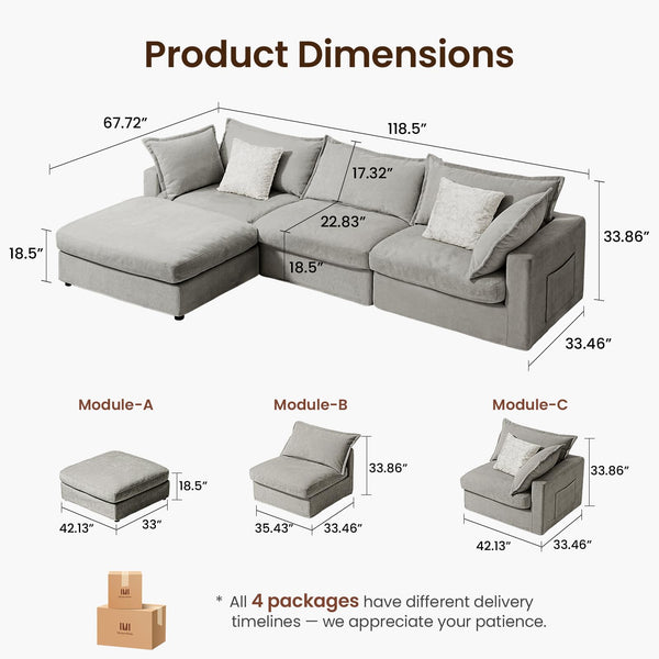118.5" Modular Sectional Sofa with Storage Ottoman – Light Grey