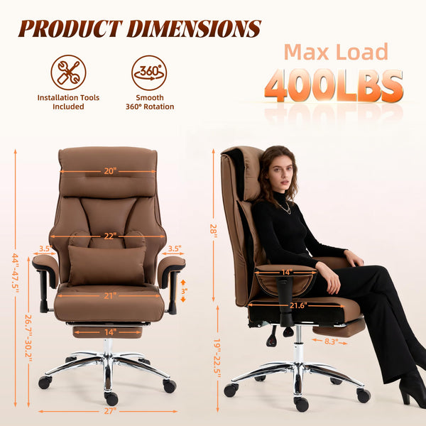 Heavy Duty Leather Office Chair 400lbs Big & Tall Executive Ergonomic