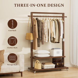 Solid Wood Freestanding Clothes Rack with Wheels