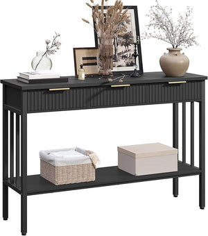Narrow Fluted Console Table with 2 Drawers & Storage Shelf – Black Entryway Table