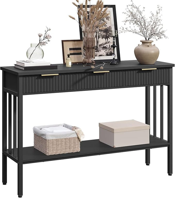 Narrow Fluted Console Table with 2 Drawers & Storage Shelf – Black Entryway Table