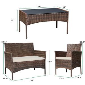 4-Piece Outdoor Wicker Patio Conversation Set with Cushions & Glass Table