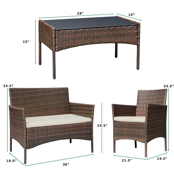 4-Piece Outdoor Wicker Patio Conversation Set with Cushions & Glass Table