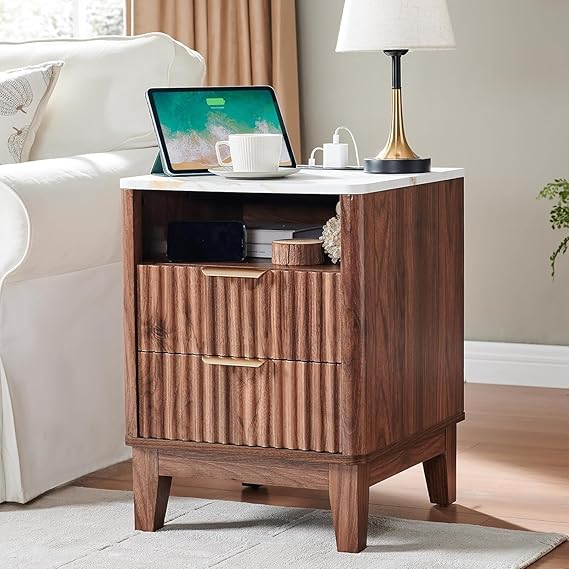 Farmhouse Nightstand with Charging Station, 2 Drawers & Open Shelf
