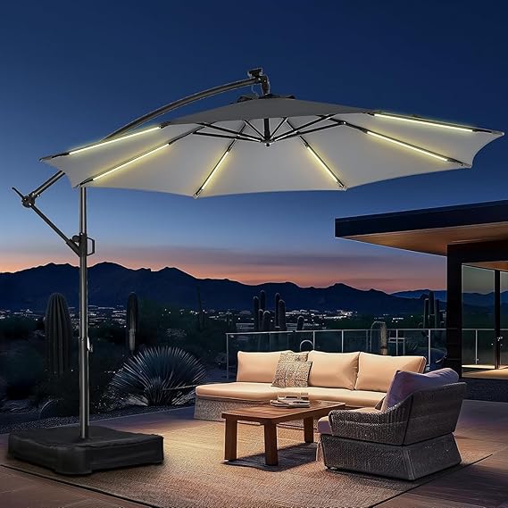 10 ft Offset Patio Umbrella with Solar LED Lights & Base