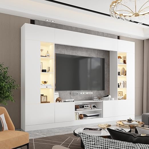 114" Wall Unit Entertainment Center with LED Lights & 18 Shelves