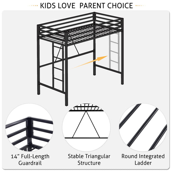 Twin Metal Loft Bed with Ladder and Guardrail