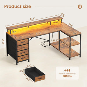 L-Shaped Desk with Drawers, LED Lights & Power Outlets