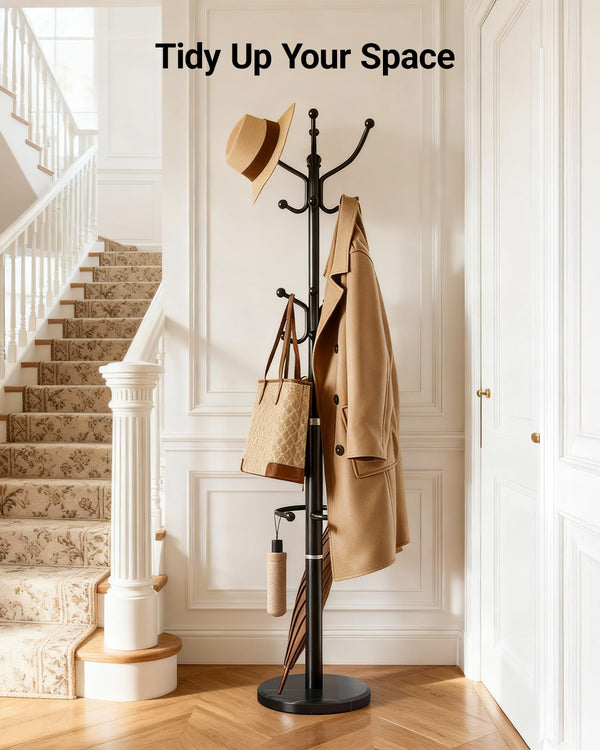 Freestanding Coat Rack with Marble Base & 16 Hooks
