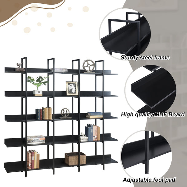 5-Shelf Industrial Open Bookcase with Metal Frame