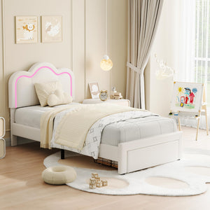 Twin Upholstered LED Bed Frame with Bear Headboard & Storage Drawer