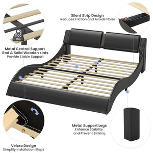 California King LED Bed Frame with USB Ports | Faux Leather Low Profile Platform Bed