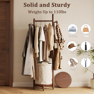 Freestanding Wood Coat Rack with Hooks, Wheels & Fabric Basket