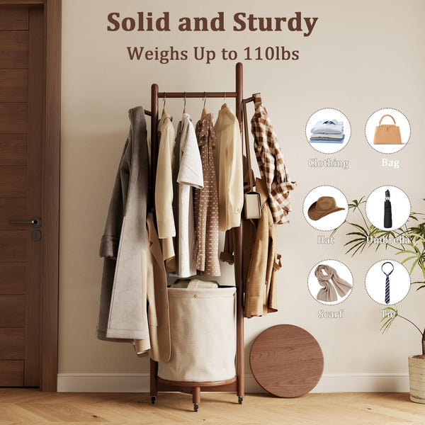 Freestanding Wood Coat Rack with Hooks, Wheels & Fabric Basket