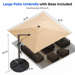 10 ft Square Cantilever Patio Umbrella with Solar Lights & Base