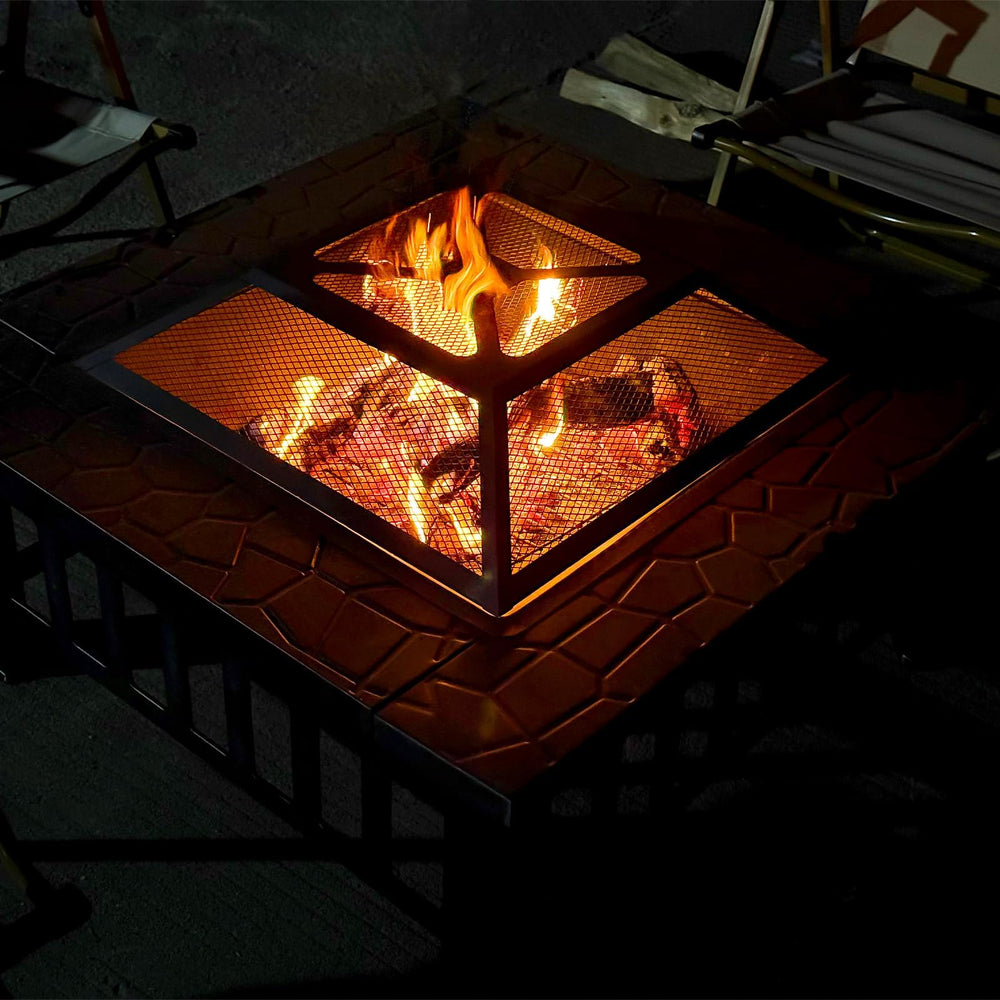 32-Inch Square Fire Pit with Spark Screen & Fire Poker