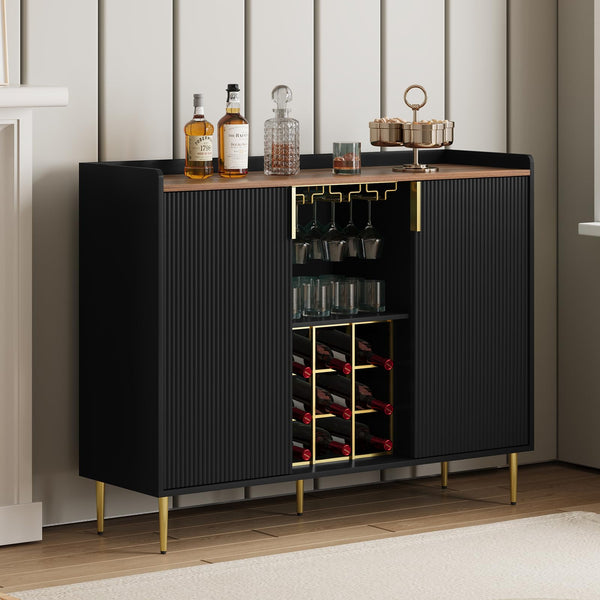 Wine Bar Cabinet with Fluted Panels, Wine Rack & Glass Holder