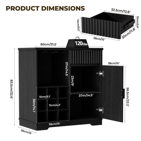Fluted Coffee Bar Cabinet with Glass Holder & Wine Rack – Black
