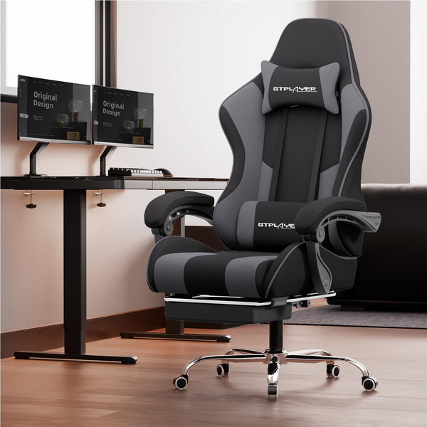 Gaming Chair with Footrest & Lumbar Support – Dark Gray Fabric