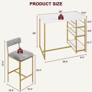 3-Piece Counter Height Dining Table Set with 2 Velvet Bar Stools