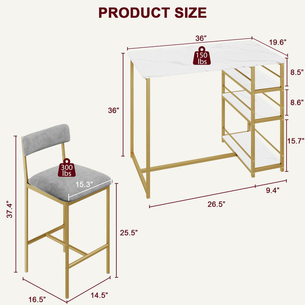 3-Piece Counter Height Dining Table Set with 2 Velvet Bar Stools
