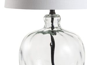 Clear Glass and Black Metal LED Table Lamp with White Linen Shade