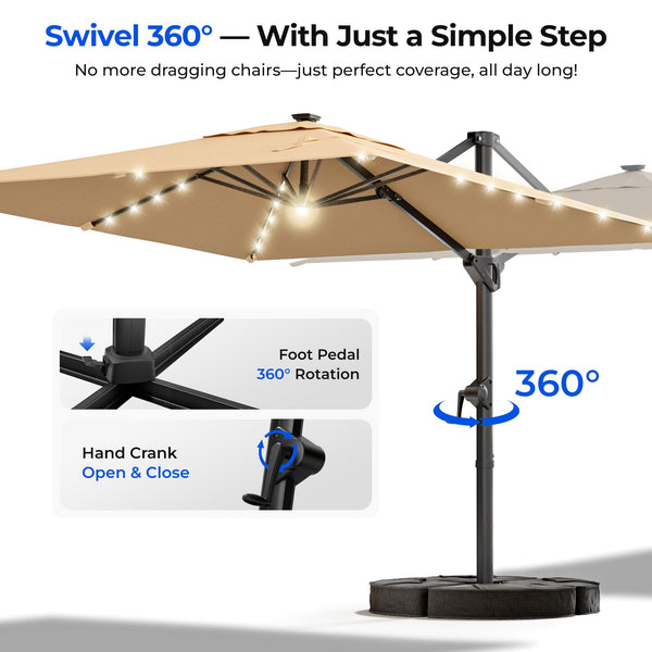 10 ft Square Cantilever Patio Umbrella with Solar Lights & Base