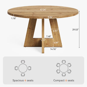47-Inch Round Solid Wood Dining Table – Seats 4-6, Farmhouse Style