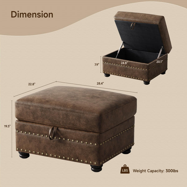 Brown Faux Leather Storage Ottoman with Nailhead Trim