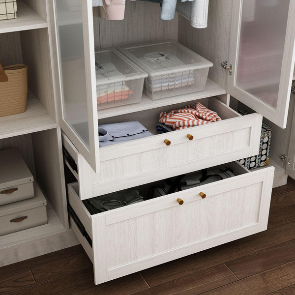 Wide Wardrobe Armoire with Frosted Glass Doors, Hanging Rods & Drawers