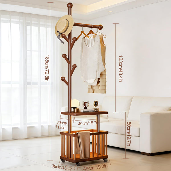 Solid Wood Coat Rack with Storage Baskets and Wheels