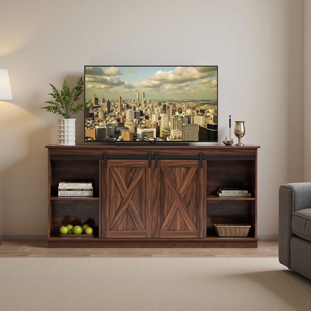 Farmhouse TV Stand with Sliding Barn Door – 58 Inch, Brown